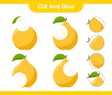 Kes ve yapıştır, Quince 'in parçalarını kes ve yapıştır. Eğitimsel çocuk oyunu, yazdırılabilir çalışma tablosu, vektör illüstrasyonu