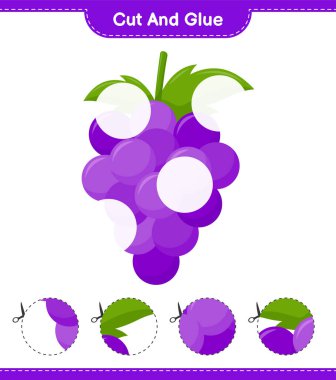 Kes ve yapıştır, Üzüm parçalarını kes ve yapıştır. Eğitimsel çocuk oyunu, yazdırılabilir çalışma tablosu, vektör illüstrasyonu
