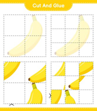 Kes ve yapıştır, Muz parçalarını kes ve yapıştır. Eğitimsel çocuk oyunu, yazdırılabilir çalışma tablosu, vektör illüstrasyonu