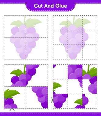 Kes ve yapıştır, Üzüm parçalarını kes ve yapıştır. Eğitimsel çocuk oyunu, yazdırılabilir çalışma tablosu, vektör illüstrasyonu