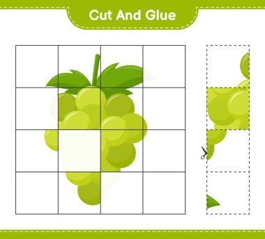 Kes ve yapıştır, Üzüm parçalarını kes ve yapıştır. Eğitimsel çocuk oyunu, yazdırılabilir çalışma tablosu, vektör illüstrasyonu