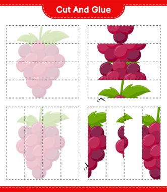 Kes ve yapıştır, Üzüm parçalarını kes ve yapıştır. Eğitimsel çocuk oyunu, yazdırılabilir çalışma tablosu, vektör illüstrasyonu