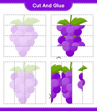 Kes ve yapıştır, Üzüm parçalarını kes ve yapıştır. Eğitimsel çocuk oyunu, yazdırılabilir çalışma tablosu, vektör illüstrasyonu