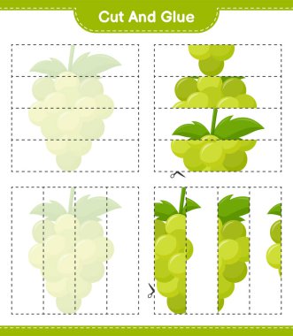 Kes ve yapıştır, Üzüm parçalarını kes ve yapıştır. Eğitimsel çocuk oyunu, yazdırılabilir çalışma tablosu, vektör illüstrasyonu