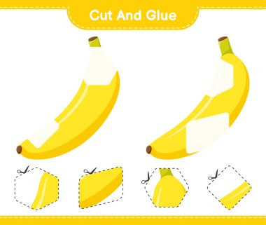 Kes ve yapıştır, Muz parçalarını kes ve yapıştır. Eğitimsel çocuk oyunu, yazdırılabilir çalışma tablosu, vektör illüstrasyonu