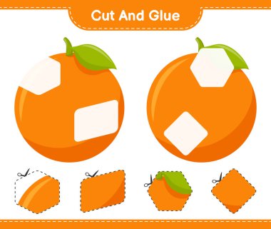 Kes ve yapıştır, Orange 'ın parçalarını kes ve yapıştır. Eğitimsel çocuk oyunu, yazdırılabilir çalışma tablosu, vektör illüstrasyonu