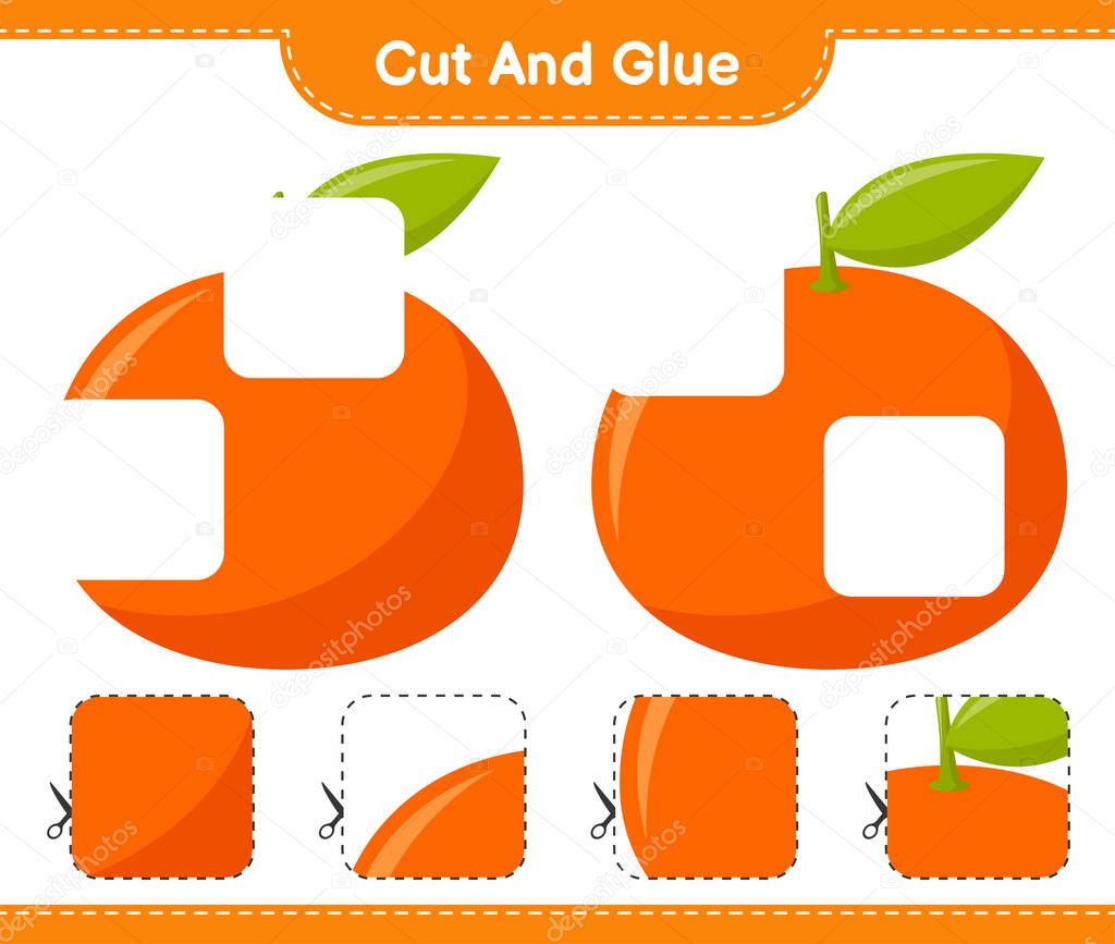 Cut and glue, cut parts of Tangerin and glue them. Educational children game, printable worksheet, vector illustration