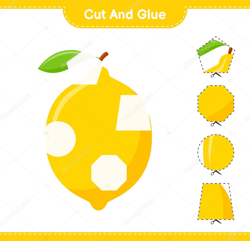 Cut and glue, cut parts of Lemon and glue them. Educational children game, printable worksheet, vector illustration