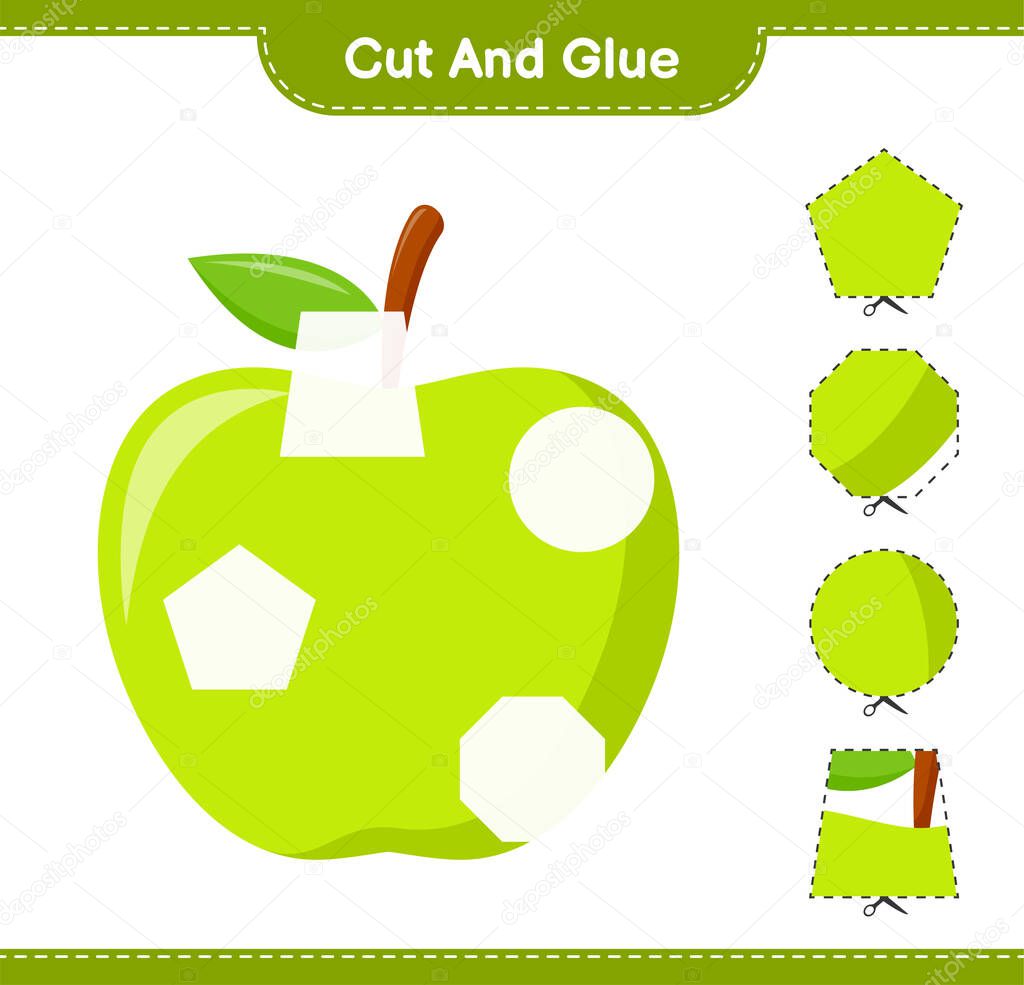 Cut and glue, cut parts of Apple and glue them. Educational children game, printable worksheet, vector illustration