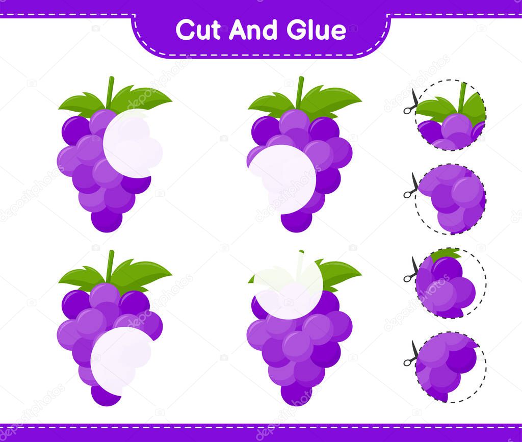 Cut and glue, cut parts of Grape and glue them. Educational children game, printable worksheet, vector illustration