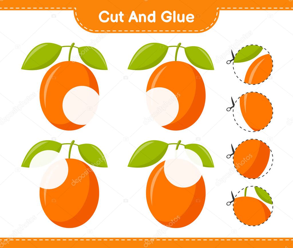 Cut and glue, cut parts of Ximenia and glue them. Educational children game, printable worksheet, vector illustration