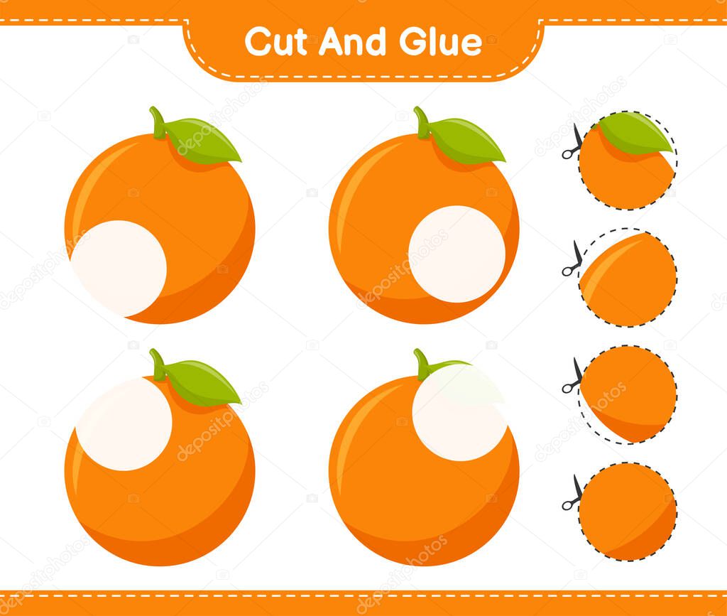 Cut and glue, cut parts of Orange and glue them. Educational children game, printable worksheet, vector illustration