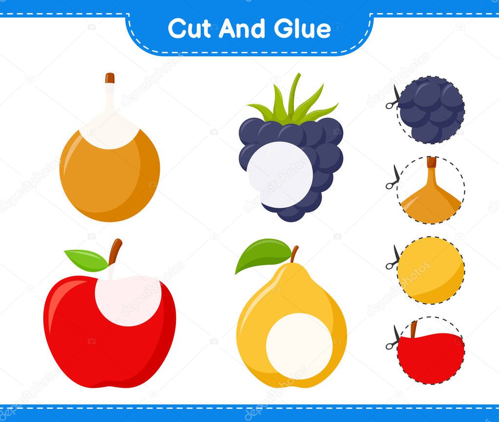 Cut and glue, cut parts of Fruits and glue them. Educational children game, printable worksheet, vector illustration