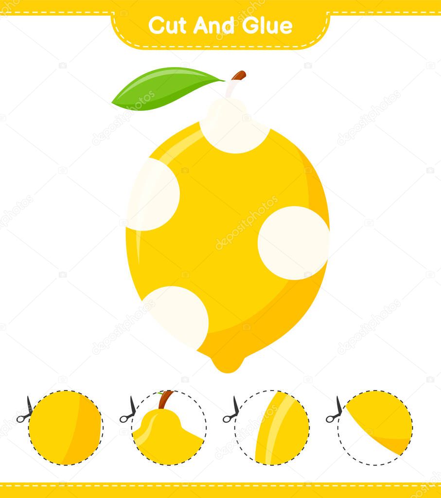 Cut and glue, cut parts of Lemon and glue them. Educational children game, printable worksheet, vector illustration