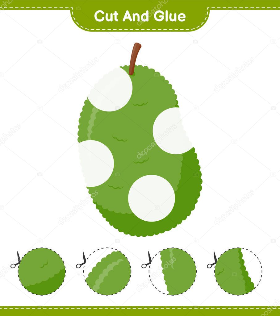 Cut and glue, cut parts of Jackfruit and glue them. Educational children game, printable worksheet, vector illustration