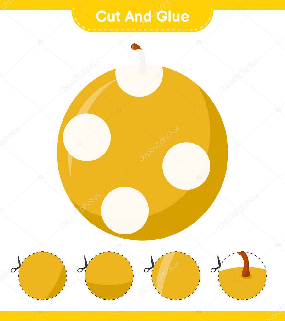 Cut and glue, cut parts of Honey Melon and glue them. Educational children game, printable worksheet, vector illustration