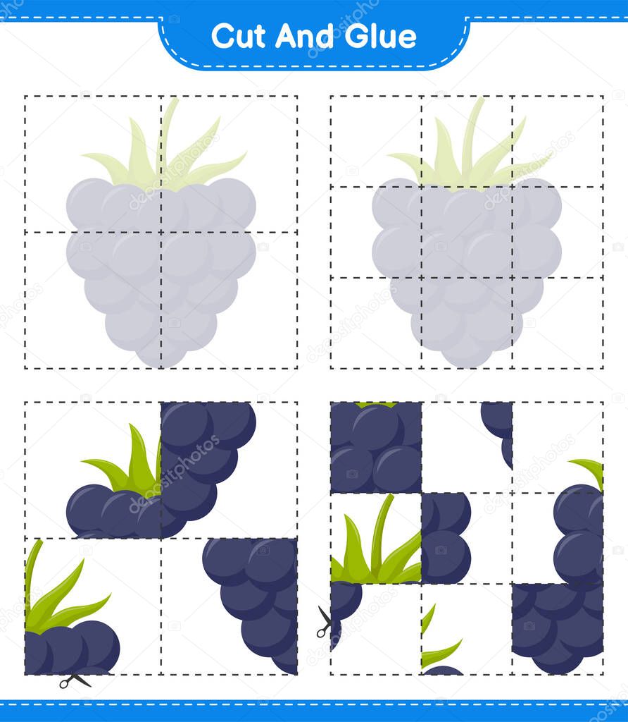 Cut and glue, cut parts of Blackberries and glue them. Educational children game, printable worksheet, vector illustration