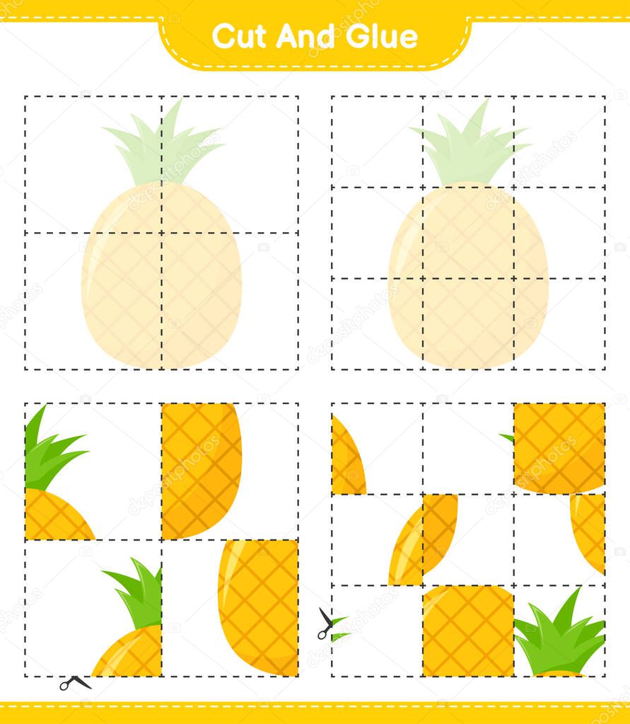 Cut and glue, cut parts of Pineapple and glue them. Educational children game, printable worksheet, vector illustration