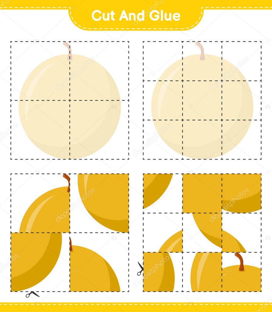 Cut and glue, cut parts of Honey Melon and glue them. Educational children game, printable worksheet, vector illustration