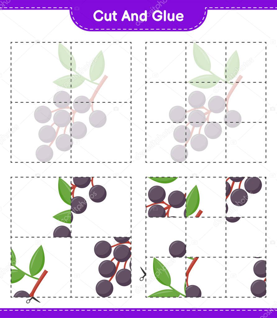 Cut and glue, cut parts of Elderberry and glue them. Educational children game, printable worksheet, vector illustration