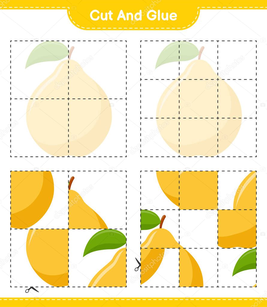 Cut and glue, cut parts of Quince and glue them. Educational children game, printable worksheet, vector illustration