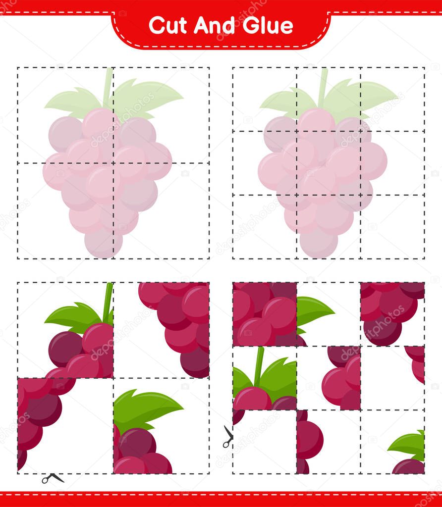 Cut and glue, cut parts of Grape and glue them. Educational children game, printable worksheet, vector illustration