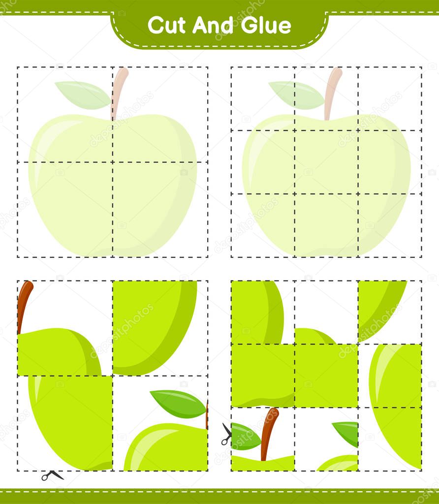 Cut and glue, cut parts of Apple and glue them. Educational children game, printable worksheet, vector illustration