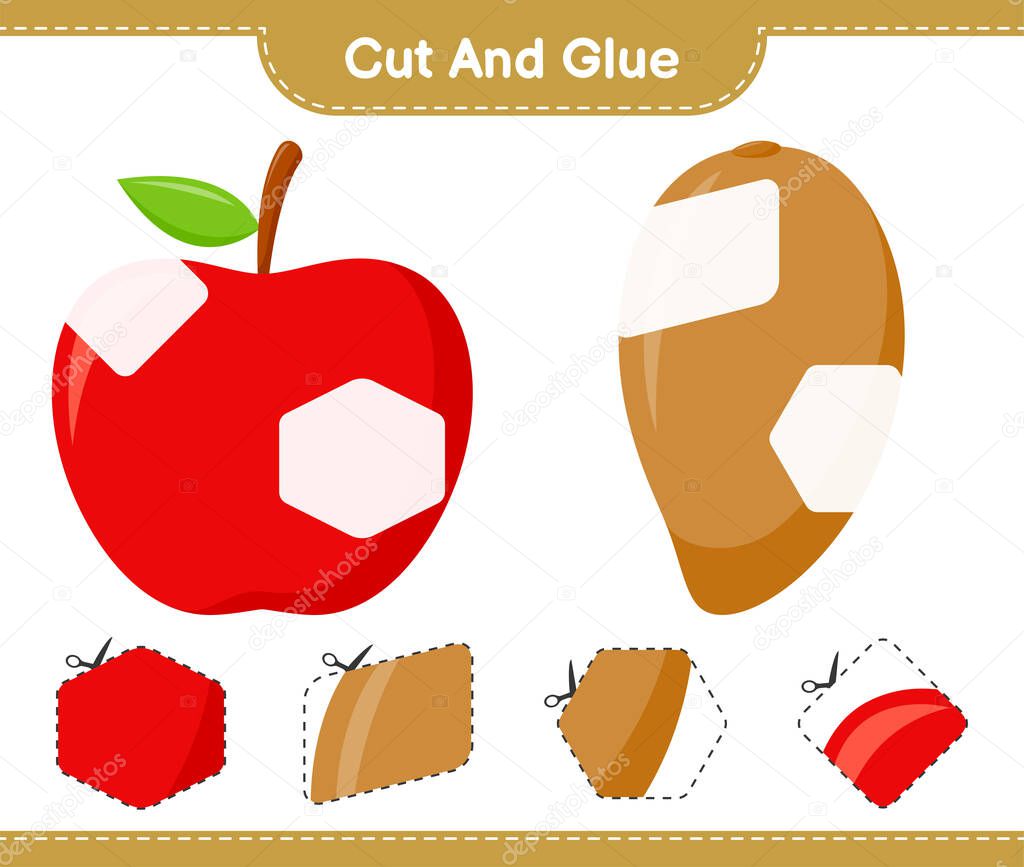 Cut and glue, cut parts of Fruits and glue them. Educational children game, printable worksheet, vector illustration