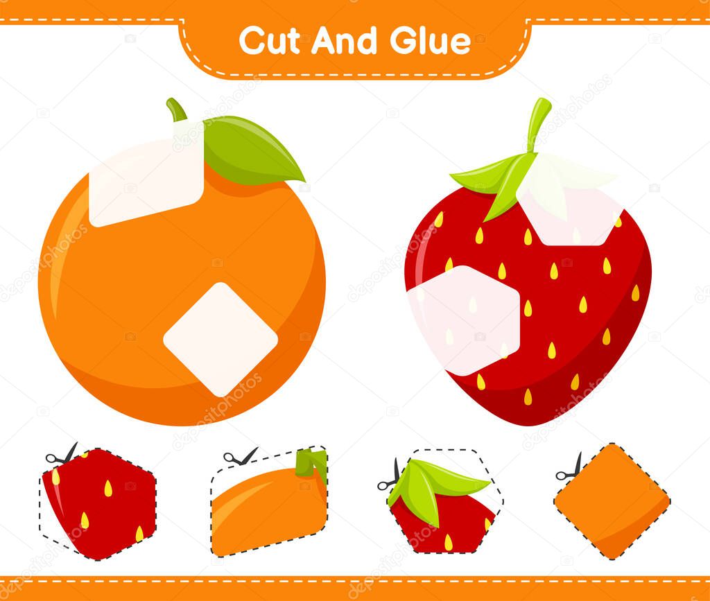 Cut and glue, cut parts of Fruits and glue them. Educational children game, printable worksheet, vector illustration