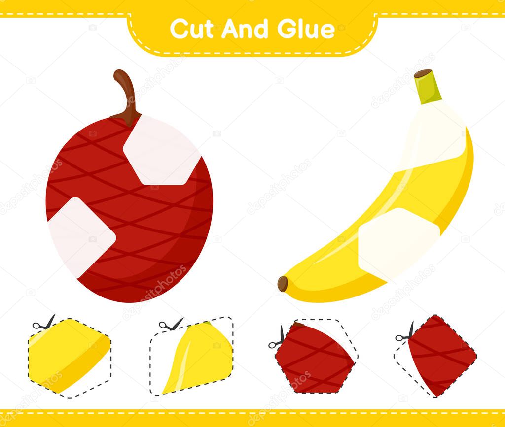 Cut and glue, cut parts of Fruits and glue them. Educational children game, printable worksheet, vector illustration