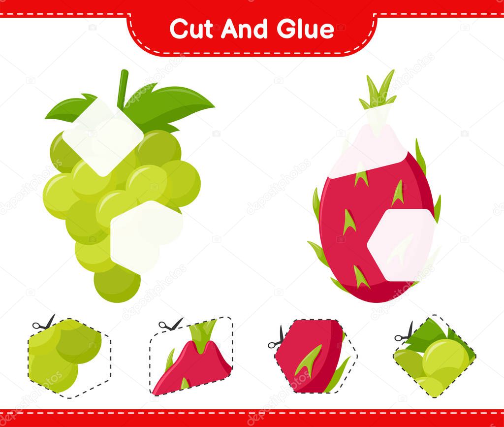 Cut and glue, cut parts of Fruits and glue them. Educational children game, printable worksheet, vector illustration