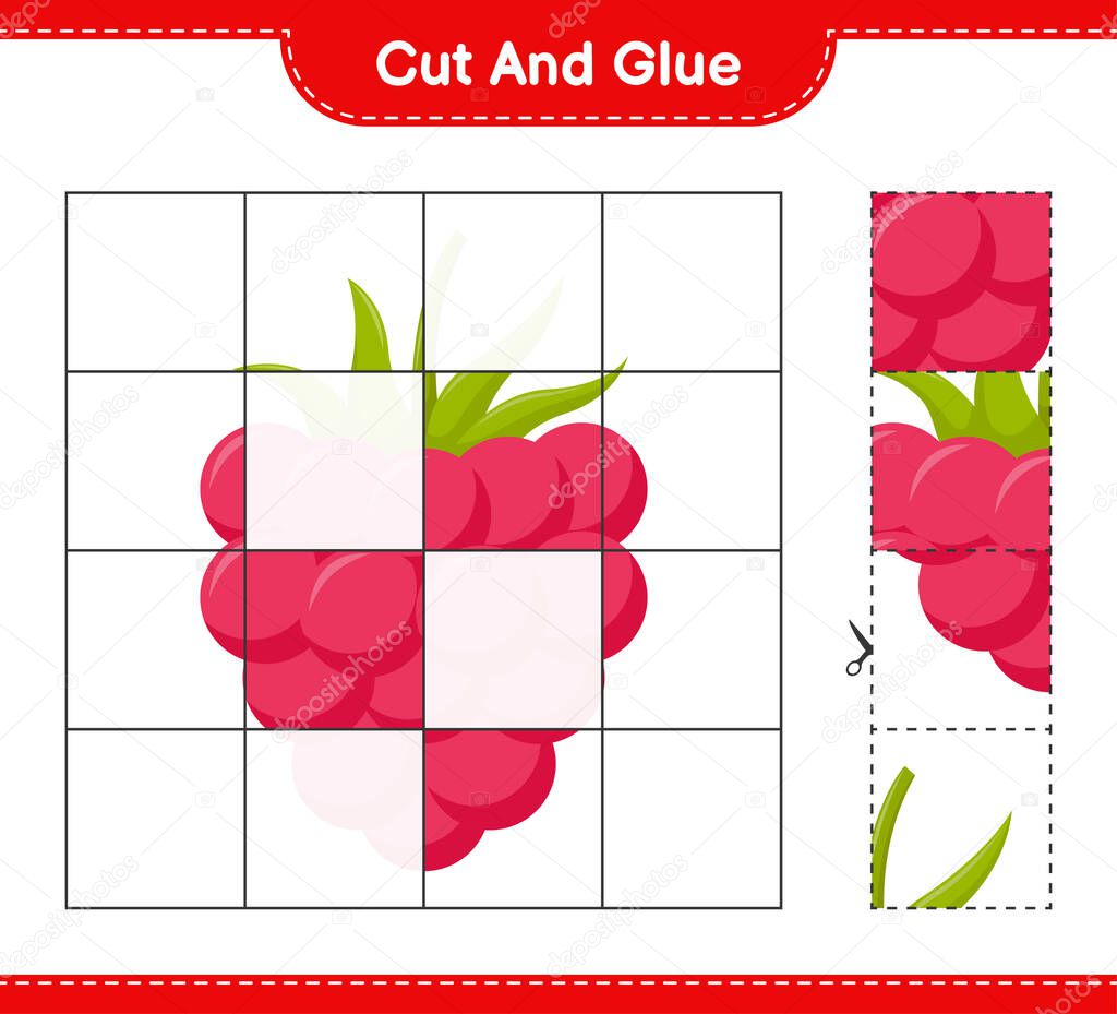 Cut and glue, cut parts of Raspberries and glue them. Educational children game, printable worksheet, vector illustration