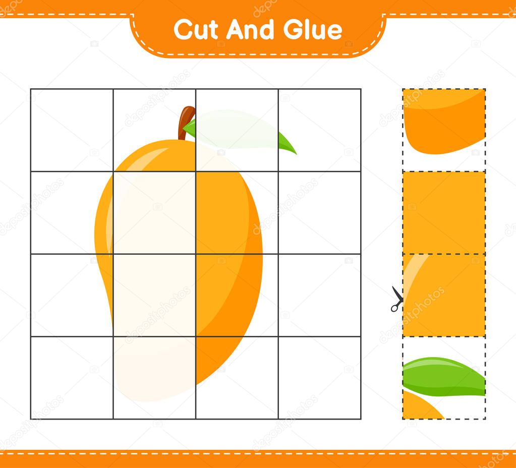 Cut and glue, cut parts of Mango and glue them. Educational children game, printable worksheet, vector illustration