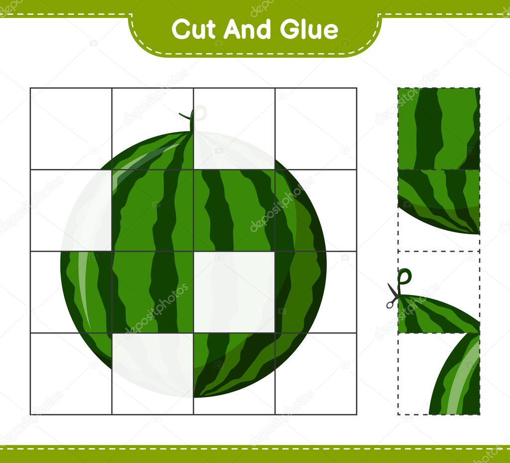 Cut and glue, cut parts of Watermelon and glue them. Educational children game, printable worksheet, vector illustration