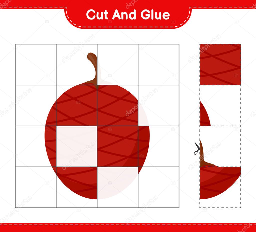 Cut and glue, cut parts of Ita Palm and glue them. Educational children game, printable worksheet, vector illustration