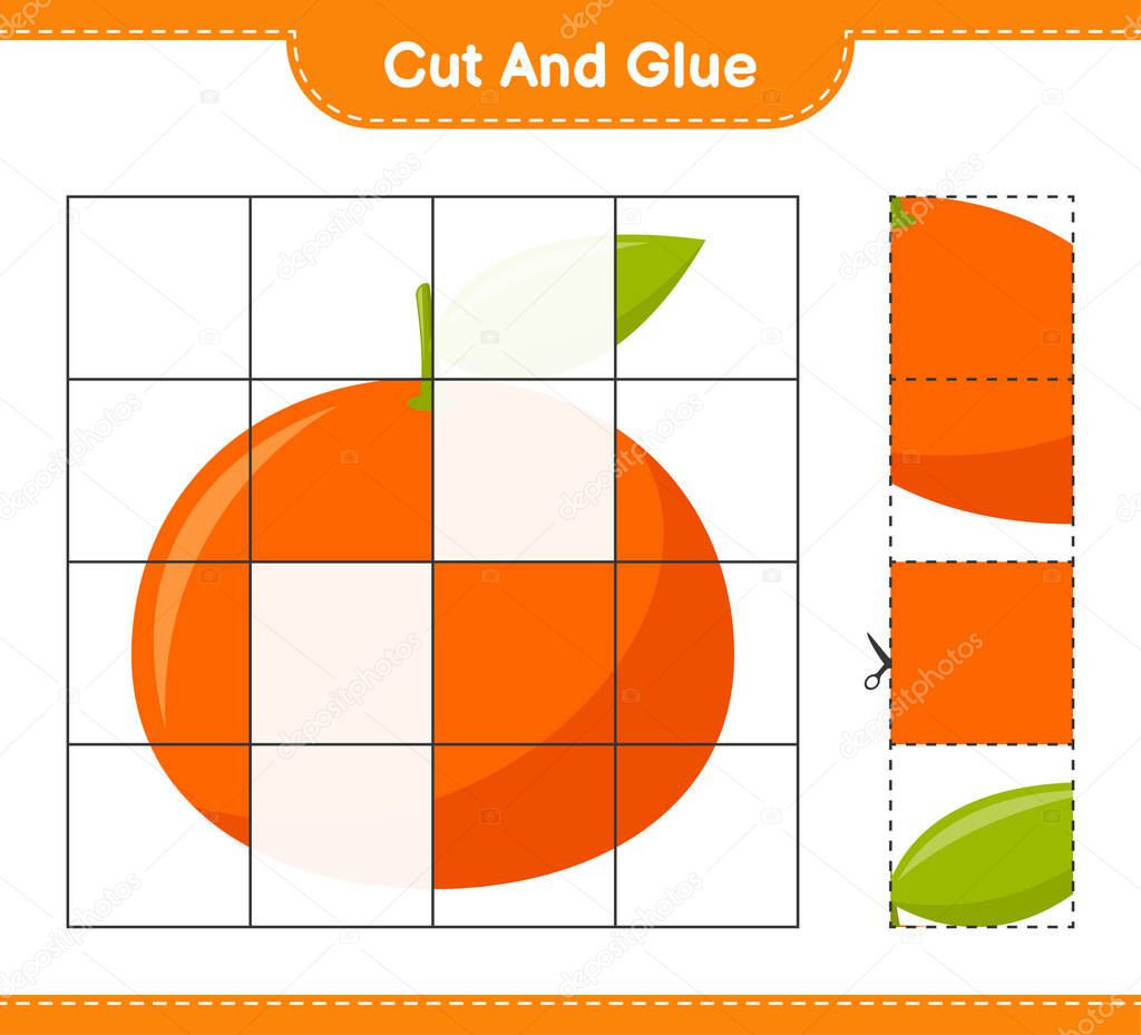 Cut and glue, cut parts of Tangerin and glue them. Educational children game, printable worksheet, vector illustration