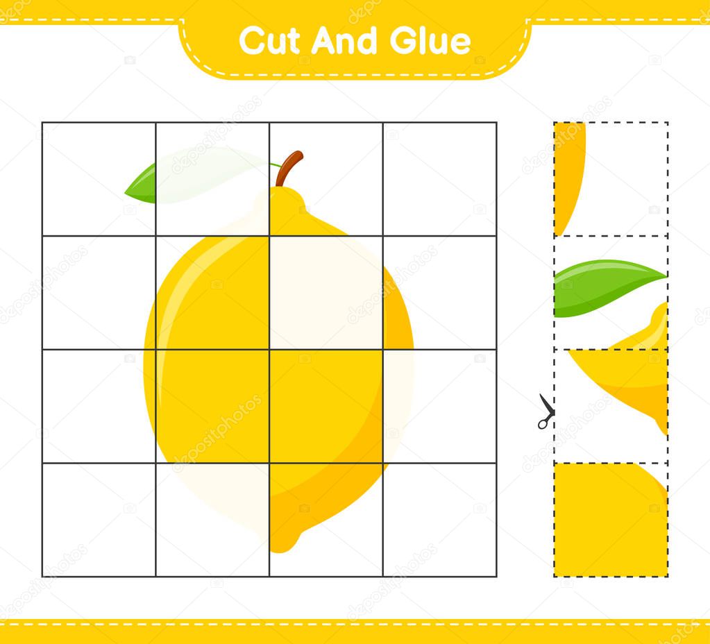 Cut and glue, cut parts of Lemon and glue them. Educational children game, printable worksheet, vector illustration