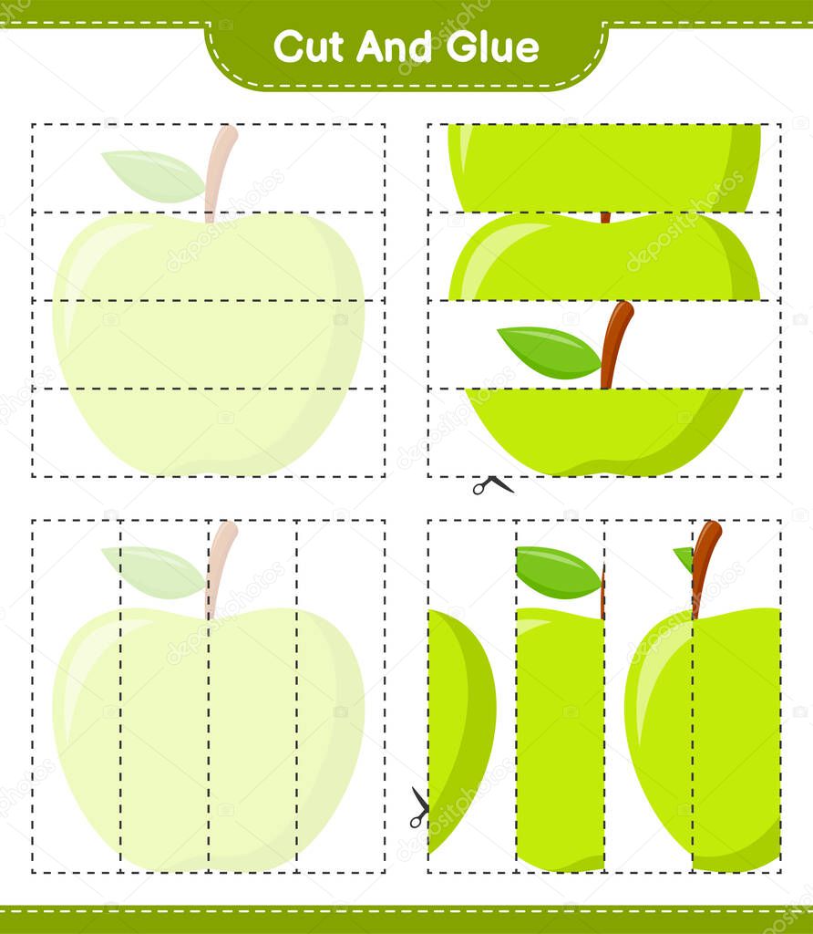 Cut and glue, cut parts of Apple and glue them. Educational children game, printable worksheet, vector illustration