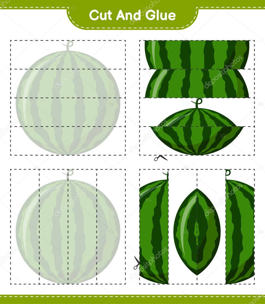 Cut and glue, cut parts of Watermelon and glue them. Educational children game, printable worksheet, vector illustration