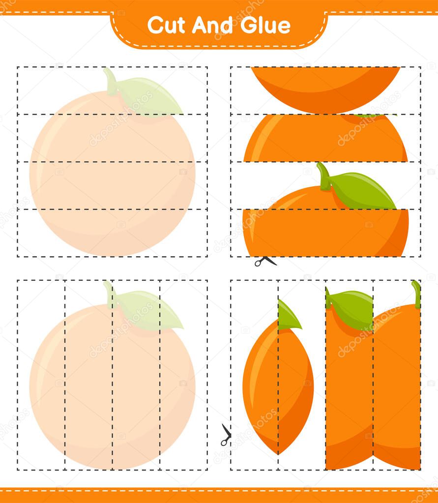 Cut and glue, cut parts of Orange and glue them. Educational children game, printable worksheet, vector illustration
