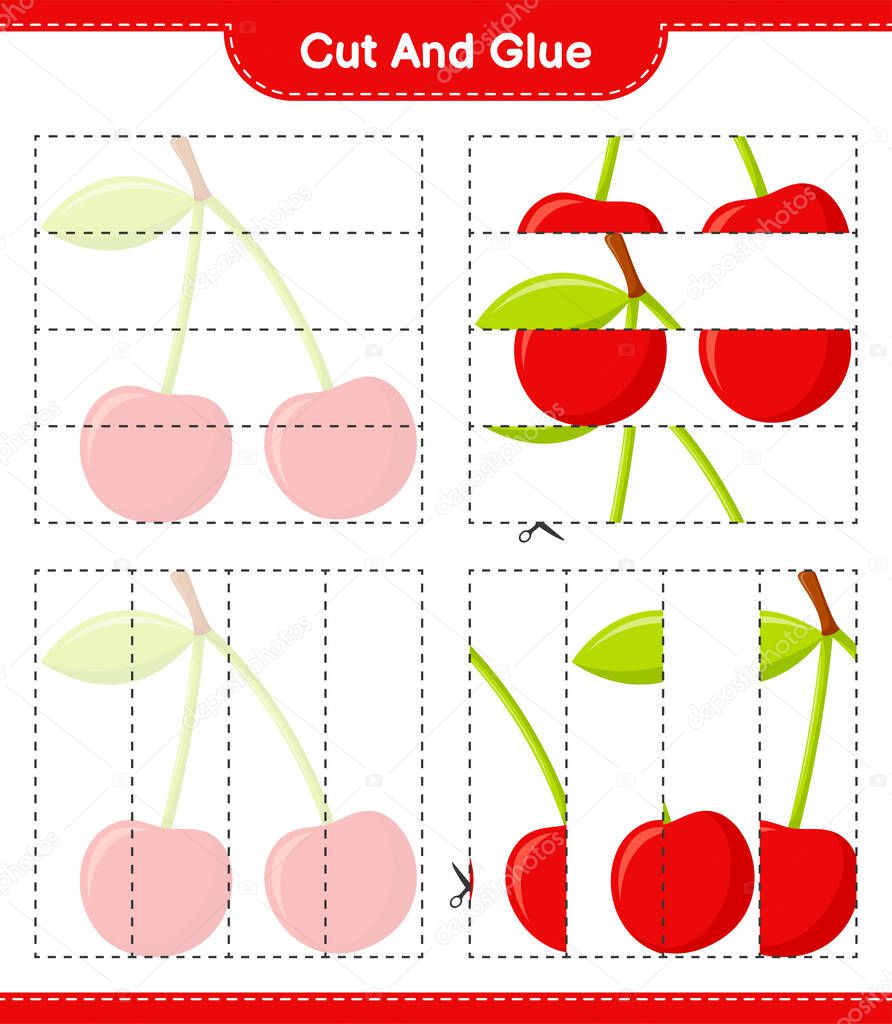 Cut and glue, cut parts of Cherry and glue them. Educational children game, printable worksheet, vector illustration