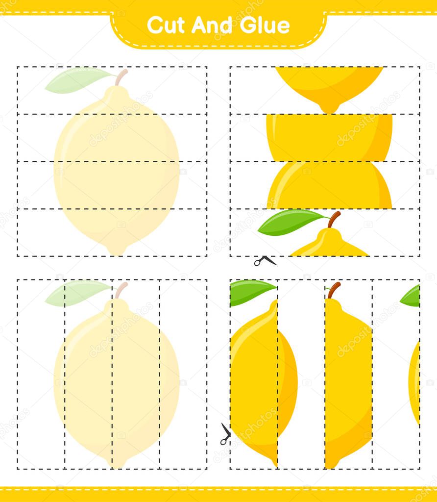 Cut and glue, cut parts of Lemon and glue them. Educational children game, printable worksheet, vector illustration