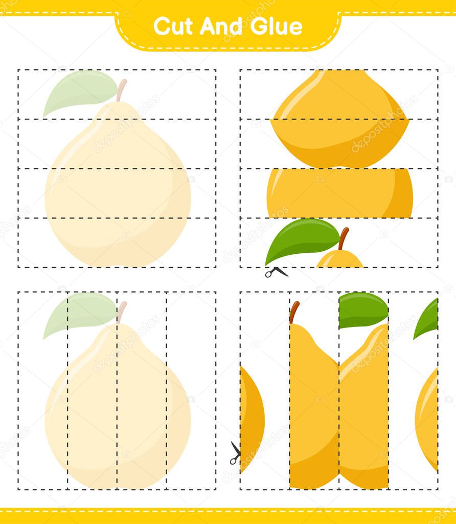 Cut and glue, cut parts of Quince and glue them. Educational children game, printable worksheet, vector illustration