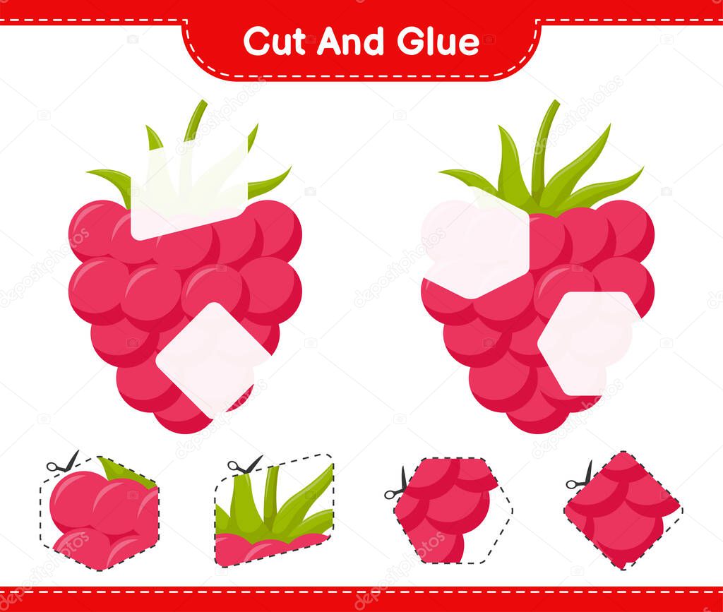 Cut and glue, cut parts of Raspberries and glue them. Educational children game, printable worksheet, vector illustration