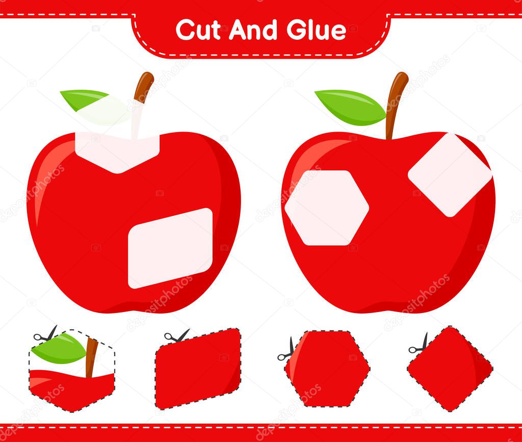 Cut and glue, cut parts of Apple and glue them. Educational children game, printable worksheet, vector illustration