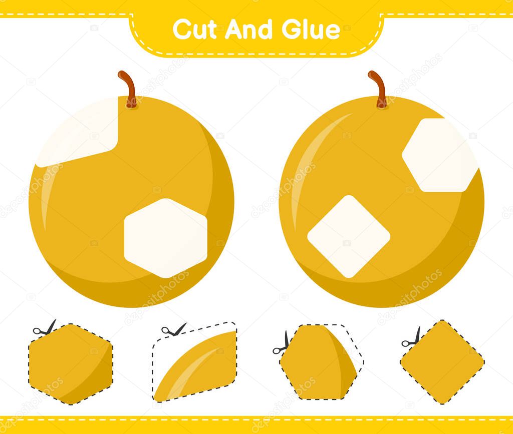 Cut and glue, cut parts of Honey Melon and glue them. Educational children game, printable worksheet, vector illustration
