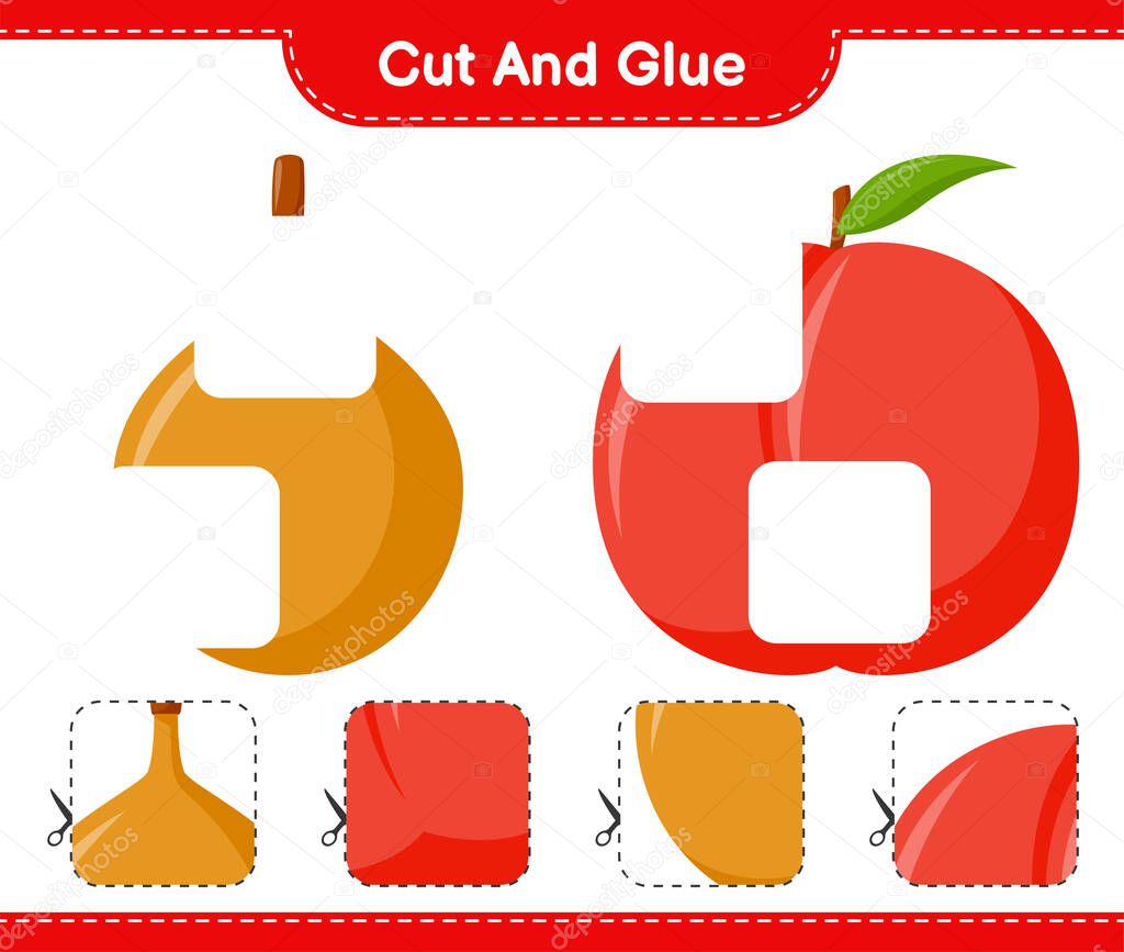 Cut and glue, cut parts of Fruits and glue them. Educational children game, printable worksheet, vector illustration