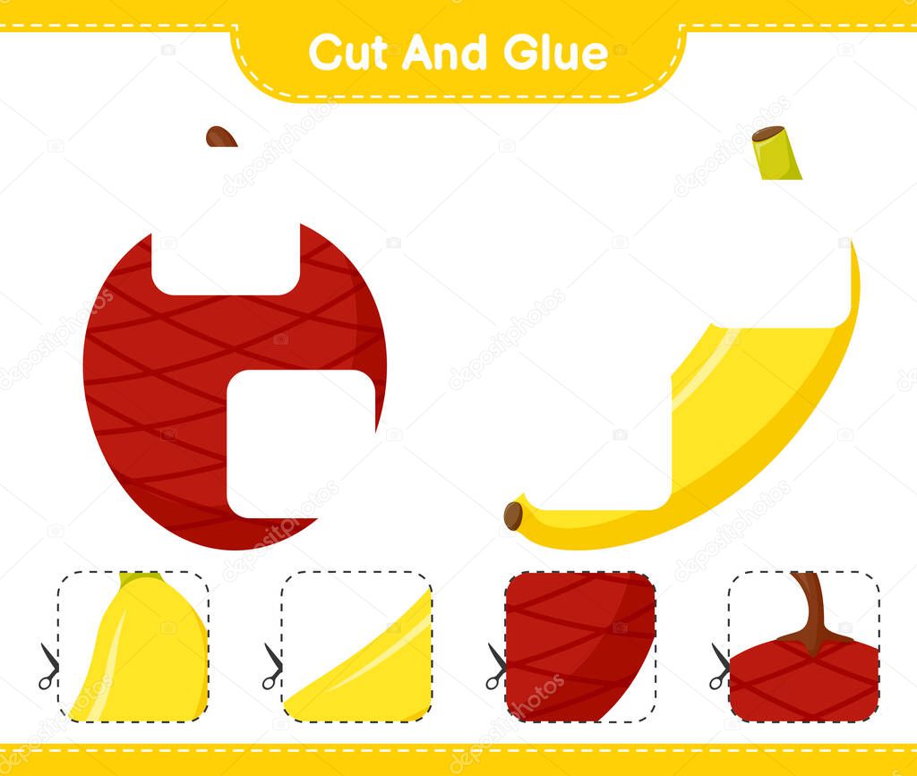 Cut and glue, cut parts of Fruits and glue them. Educational children game, printable worksheet, vector illustration