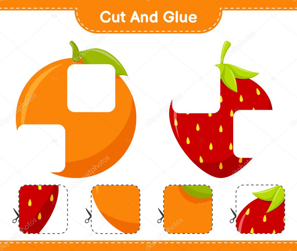 Cut and glue, cut parts of Fruits and glue them. Educational children game, printable worksheet, vector illustration