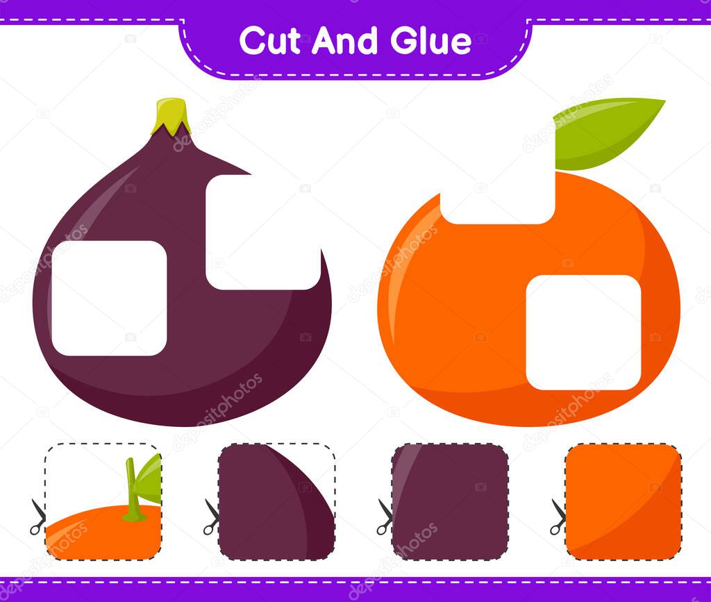 Cut and glue, cut parts of Fruits and glue them. Educational children game, printable worksheet, vector illustration